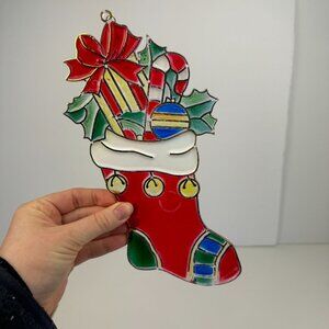 Vtg Plastic Suncatcher Christmas Holiday Red w Gold Stocking 10 inch Gift Co Inc